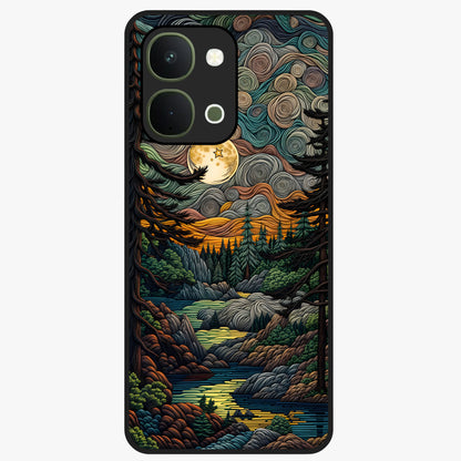 Moonlight Forest Dream Glass Case showing flat back view with mystical forest moonlight artwork and glossy glass finish.