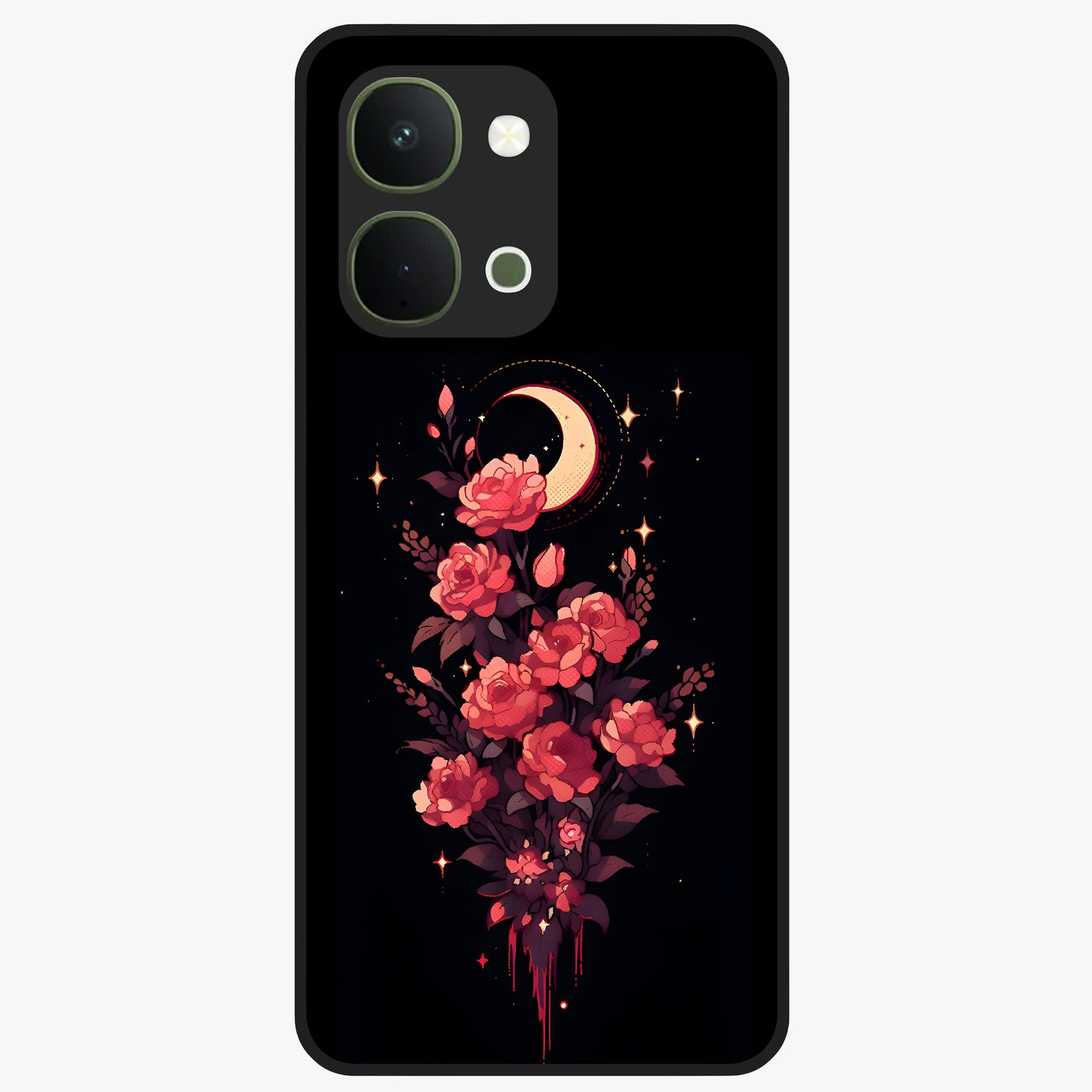 Moonlit Floral Elegance Glass Case showing flat back view with elegant floral artwork under moonlit tones and glossy glass finish.