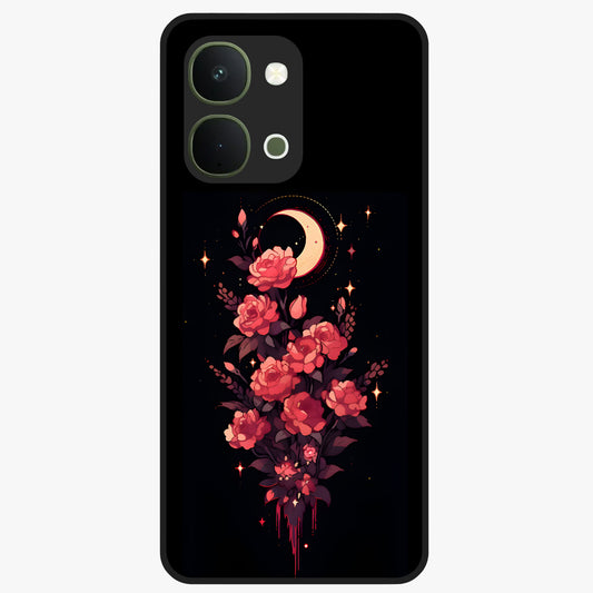 Moonlit Floral Elegance Glass Case showing flat back view with elegant floral artwork under moonlit tones and glossy glass finish.