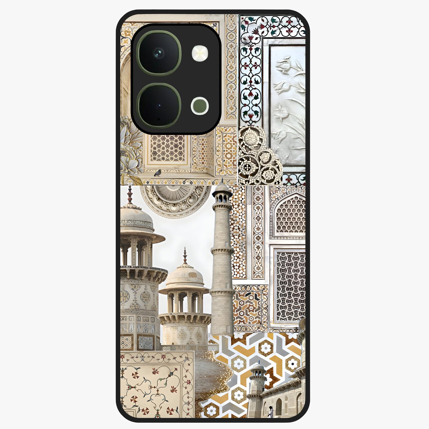 Mughal Marble Legacy Glass Case showing flat back view with intricate Mughal inspired marble pattern and glossy glass finish.