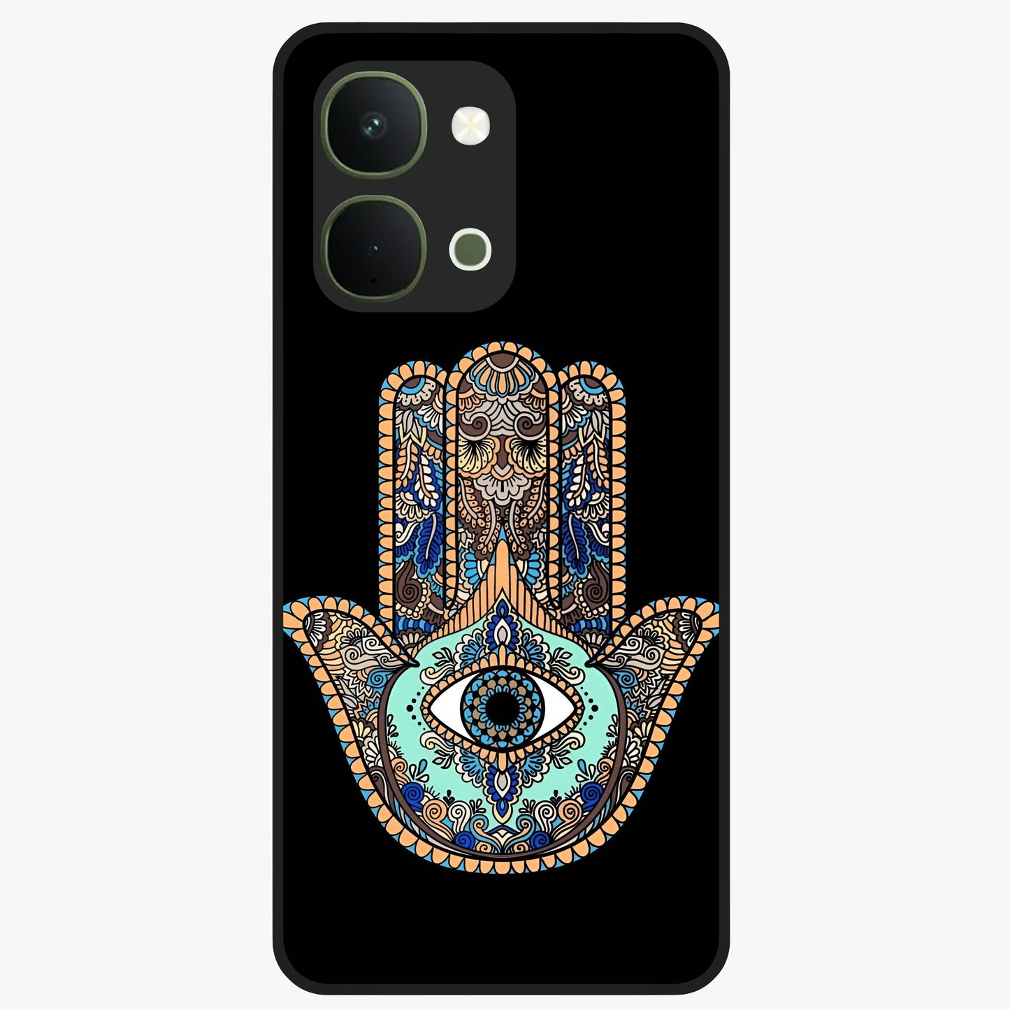 Mystic Hamsa Eye Glass Case showing flat back view with protective hamsa hand and evil eye artwork and glossy glass finish.