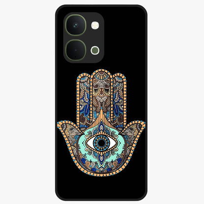 Mystic Hamsa Eye Glass Case showing flat back view with protective hamsa hand and evil eye artwork and glossy glass finish.