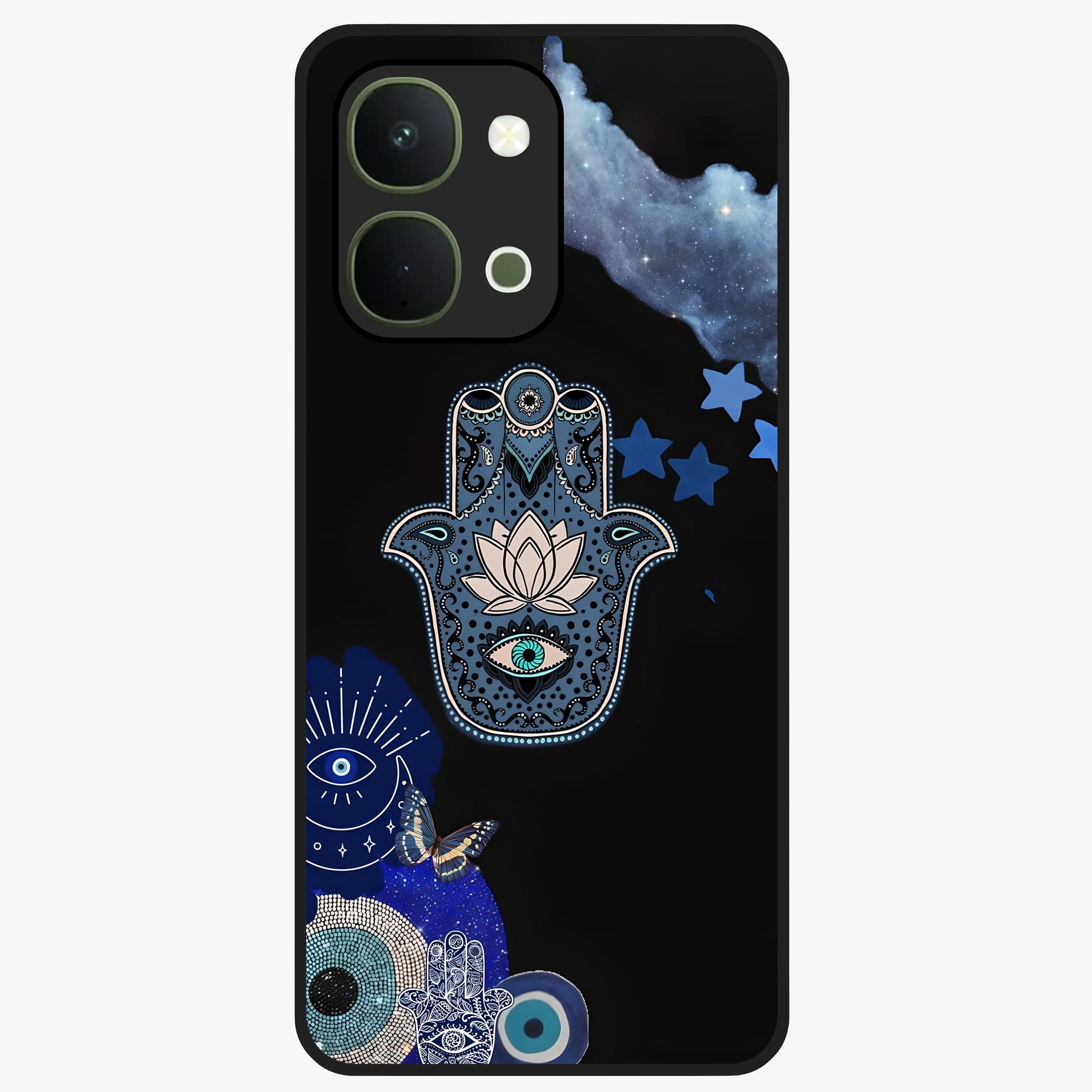 Mystic Hand Aura Glass Case showing flat back view with mystical hand symbol artwork and glossy glass finish.