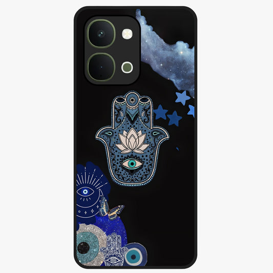 Mystic Hand Aura Glass Case showing flat back view with mystical hand symbol artwork and glossy glass finish.