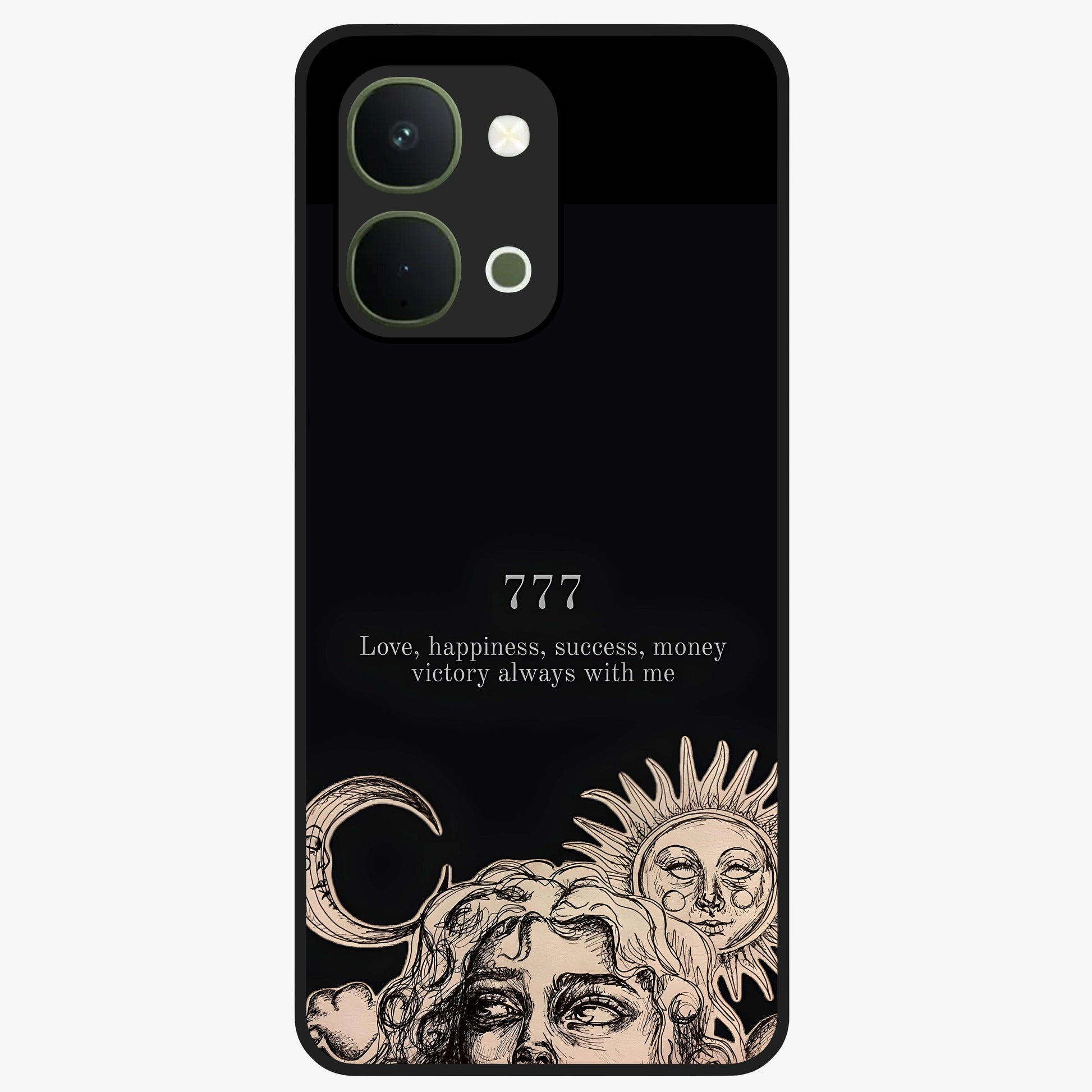 Mystic Victory Aura Glass Case showing flat back view with victory symbol artwork and glossy glass finish.