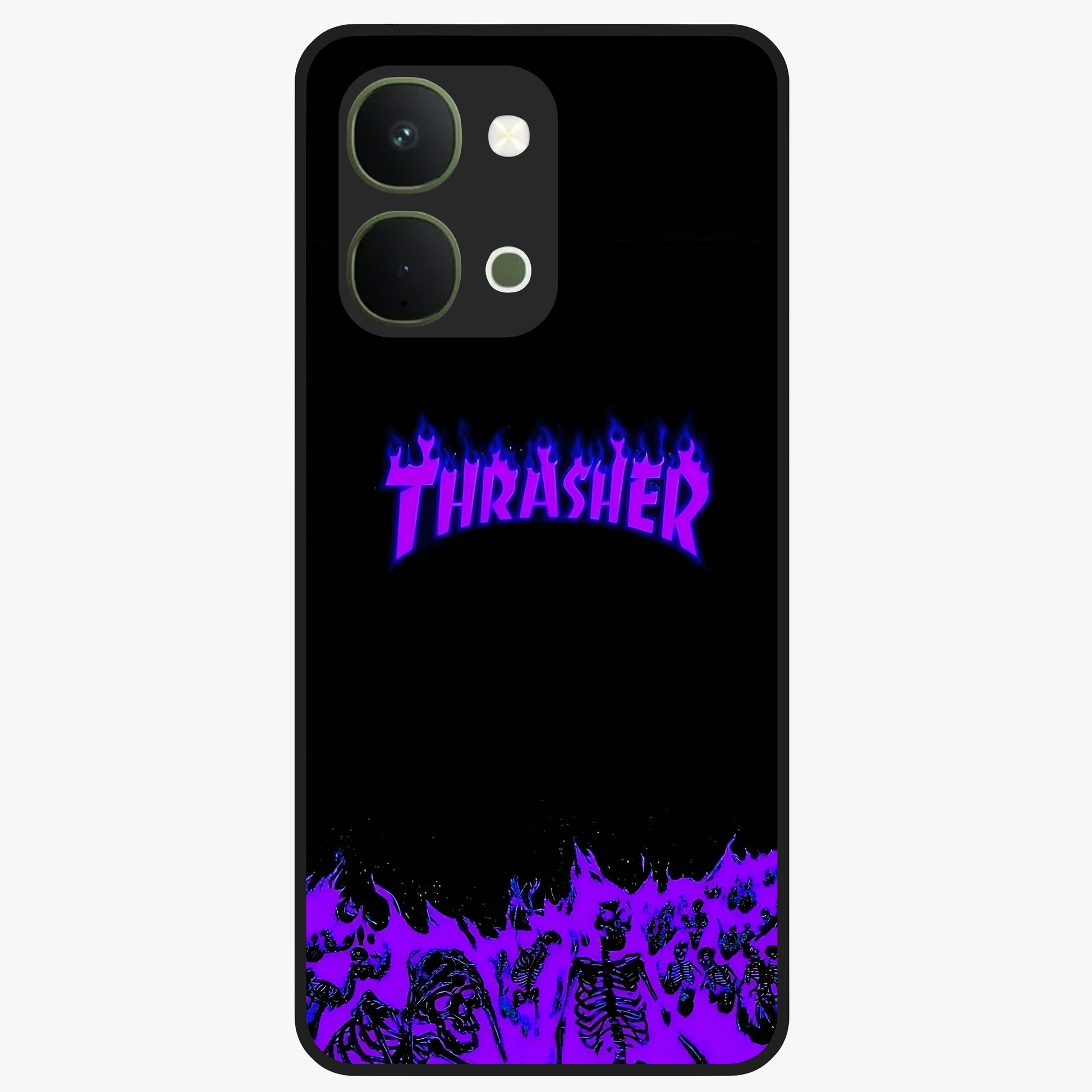 Neon Flame Riot Glass Case showing flat back view with neon flame artwork and glossy glass finish.