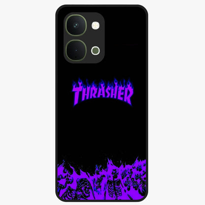 Neon Flame Riot Glass Case showing flat back view with neon flame artwork and glossy glass finish.