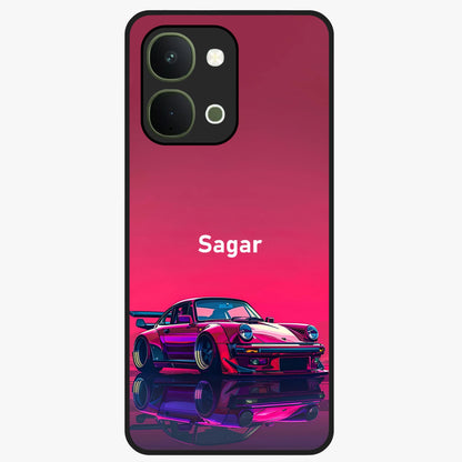 Neon Pink Porsche Glass Case showing flat back view with stylish sports car artwork and glossy glass finish.