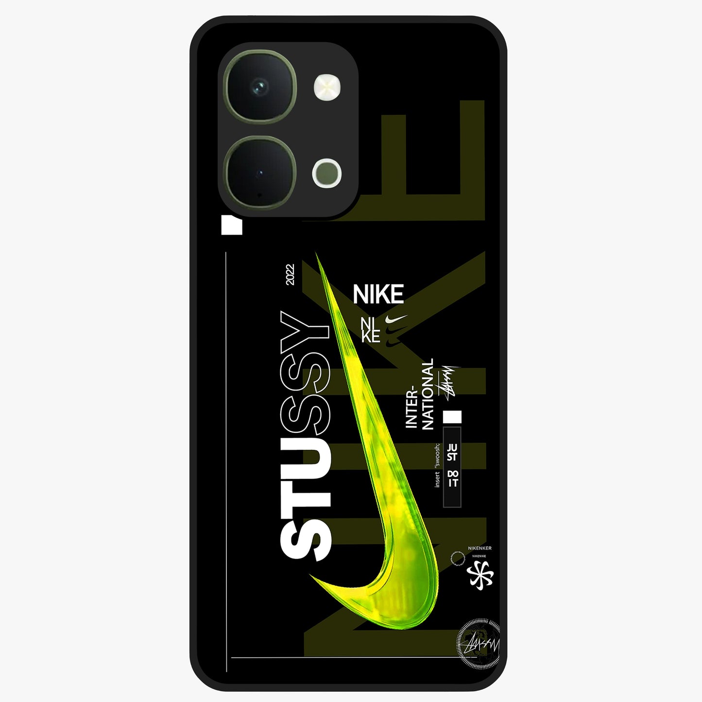 Neon Street Edition Glass Case showing flat back view with neon street style artwork and glossy glass finish.