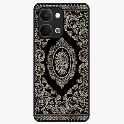 Noir Bloom Elegance Glass Case showing flat back view with elegant dark floral artwork and glossy glass finish.