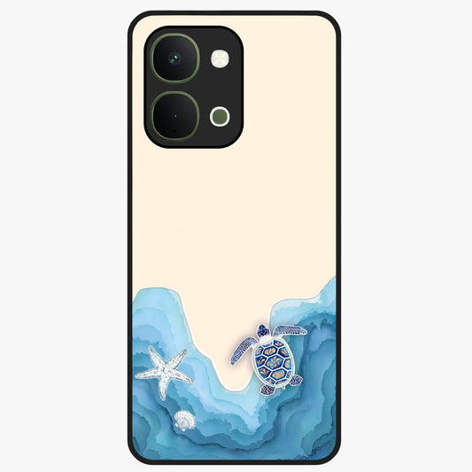 Ocean Drift Turtle Glass Case showing flat back view with sea turtle artwork and glossy glass finish.