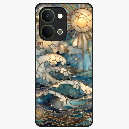 Oceanic Stained Printed Glass Case showing flat back view with ocean inspired stained pattern artwork and glossy glass finish.