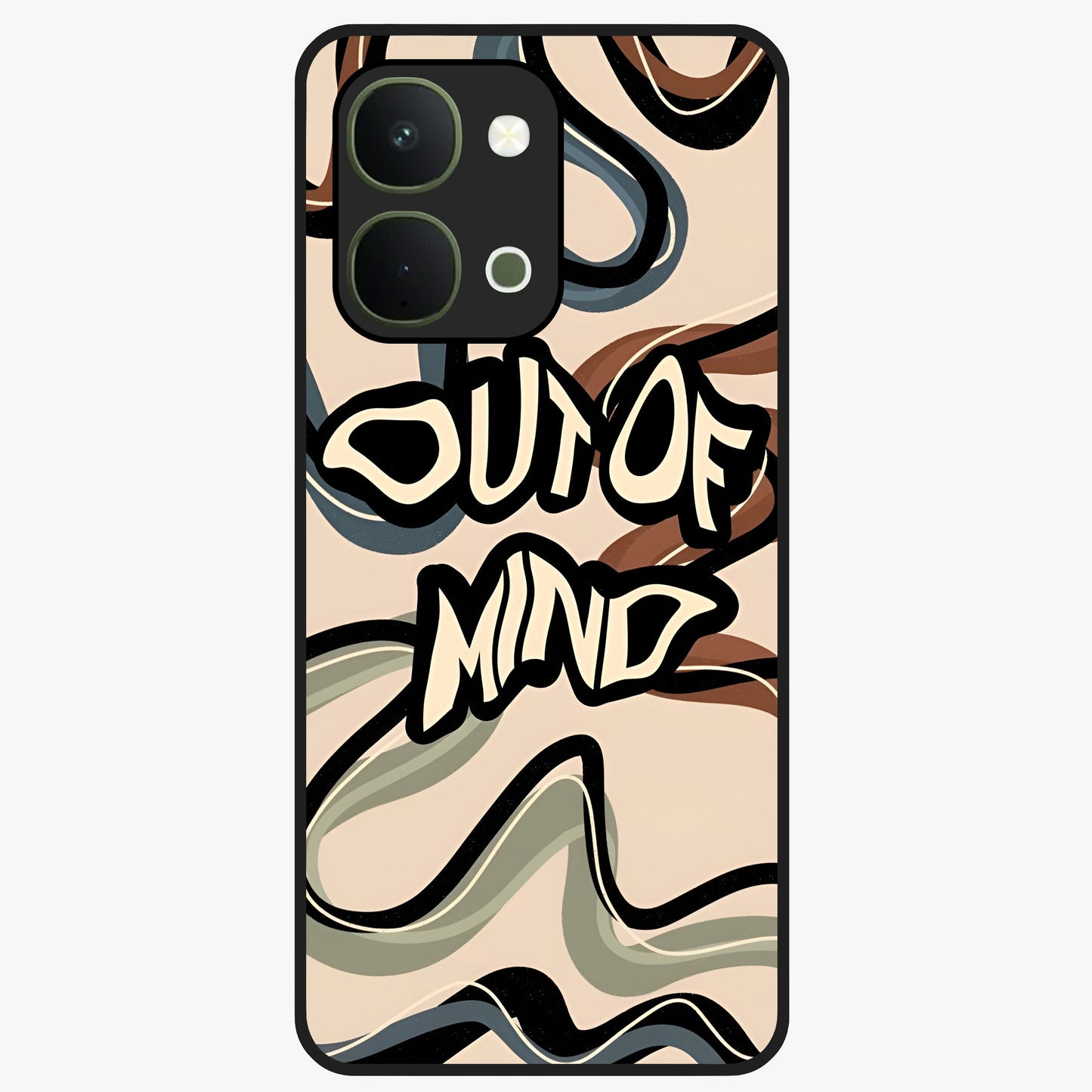 Out Of Mind Glass Case showing flat back view with expressive typography artwork and glossy glass finish.