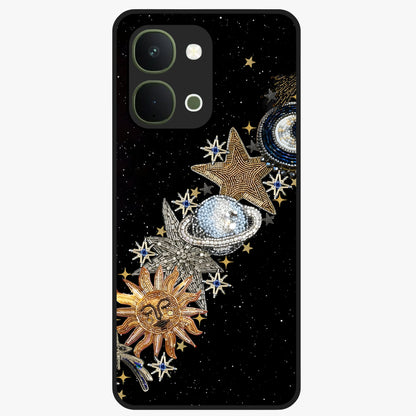 Pearls Universe Object Glass Case showing flat back view with pearl inspired cosmic artwork and glossy glass finish.