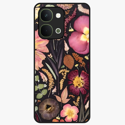 Petal Dream Tapestry Glass Case showing flat back view with intricate floral tapestry artwork and glossy glass finish.