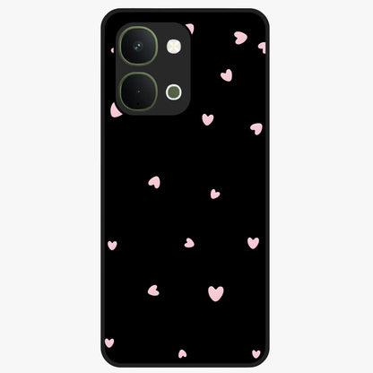 Pink Love Drops Glass Case showing flat back view with playful pink heart drops artwork and glossy glass finish.
