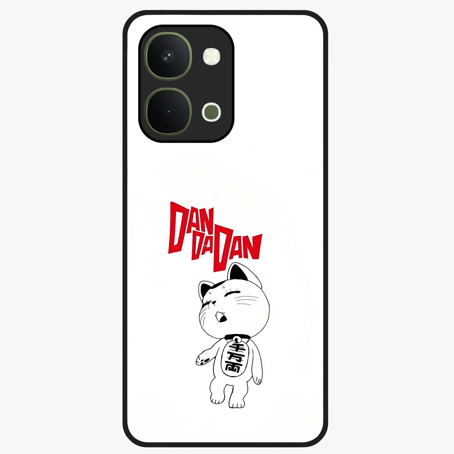 Playful Spirit Charm Glass Case showing flat back view with cheerful charm themed artwork and glossy glass finish.