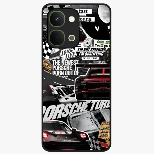 Porsche Racing Collage Glass Case showing flat back view with sports car racing collage artwork and glossy glass finish.
