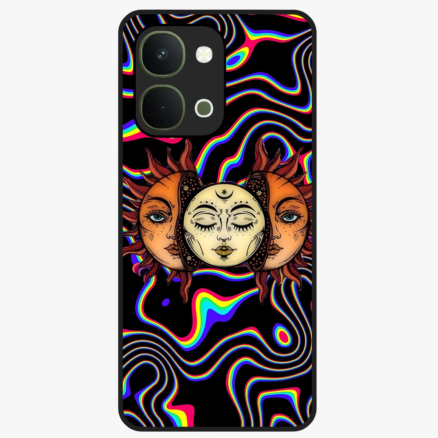 Psychedelic Sun Glass Case showing flat back view with colorful psychedelic sun artwork and glossy glass finish.