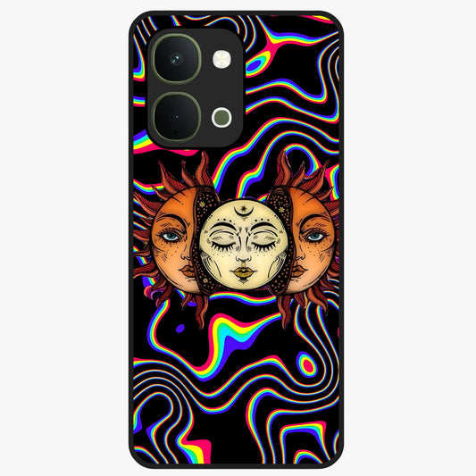 Psychedelic Sun Glass Case showing flat back view with colorful psychedelic sun artwork and glossy glass finish.