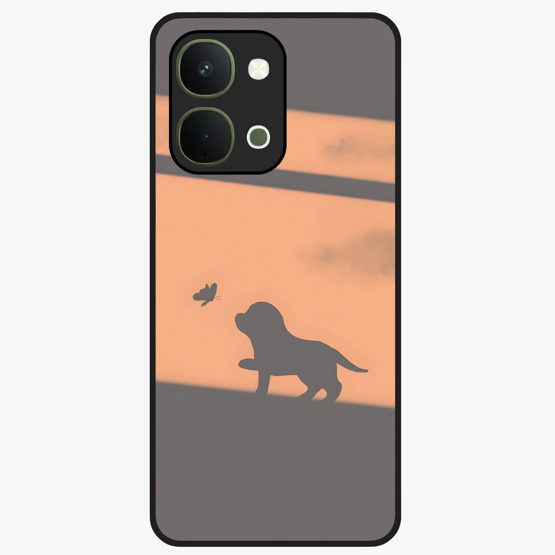 Puppy Shadow Art Glass Case showing flat back view with cute puppy shadow style artwork and glossy glass finish.