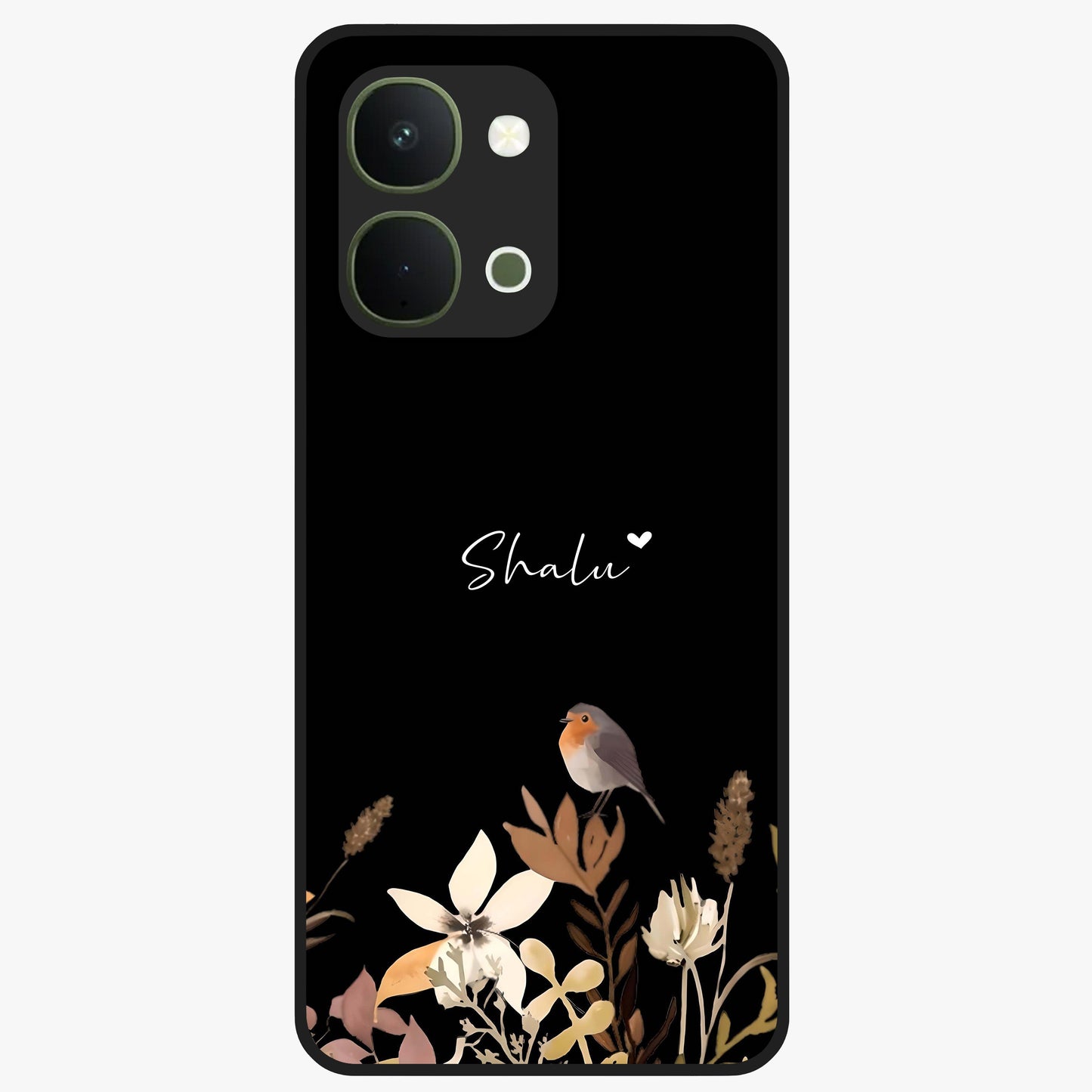 Quiet Garden Tune Custom Name Glass Case showing flat back view with peaceful garden artwork and personalized name design.