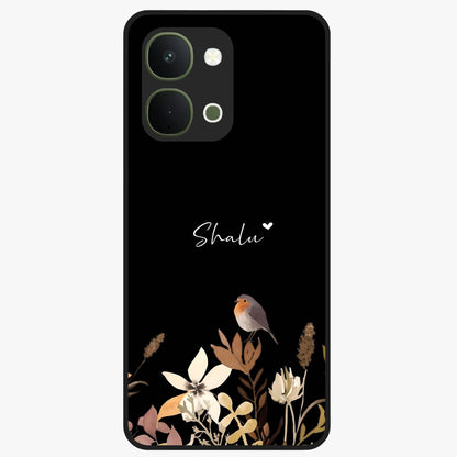 Quiet Garden Tune Custom Name Glass Case showing flat back view with peaceful garden artwork and personalized name design.