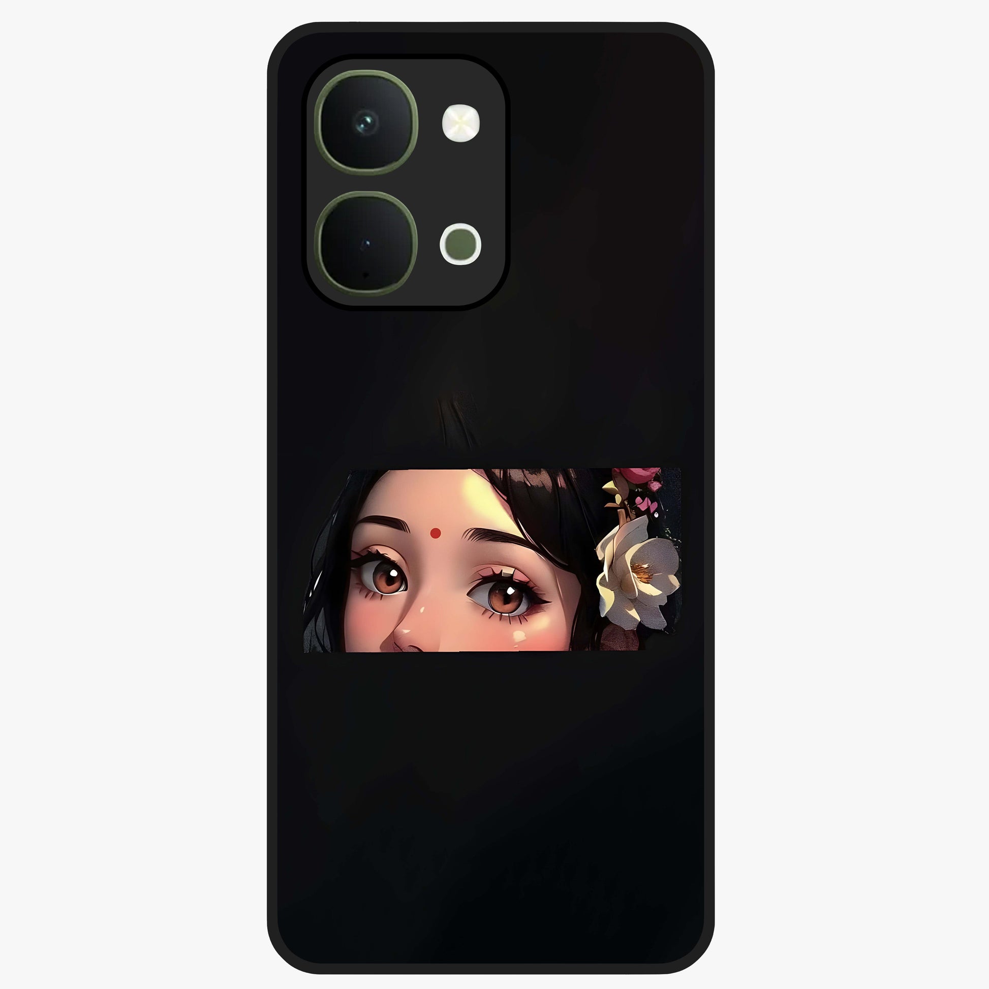 Radha Divine Embrace Glass Case showing flat back view with devotional Radha artwork and glossy glass finish.