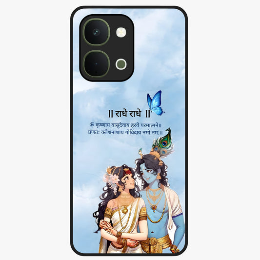 Radha Krishna Eternal Glass Case showing flat back view with Radha Krishna devotional artwork and glossy glass finish.