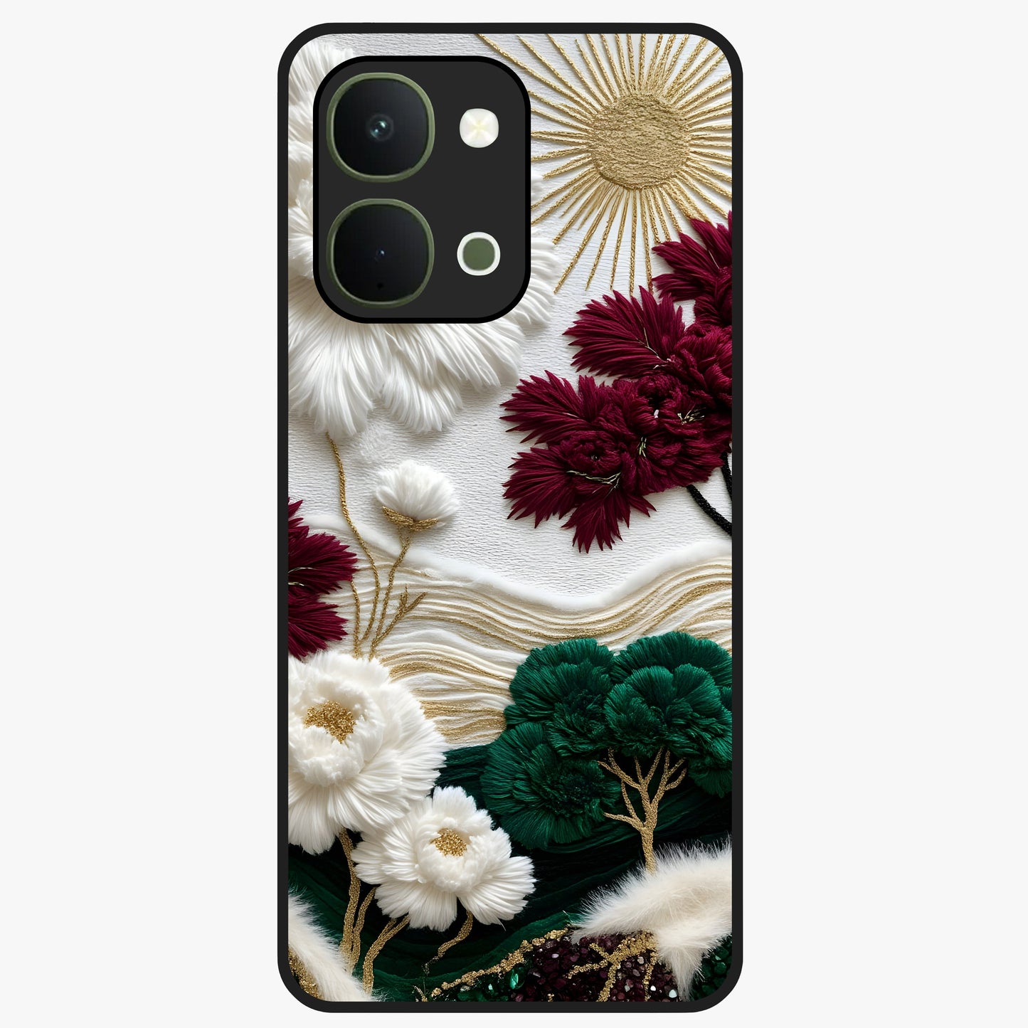 Radiant Bloom Elegance Glass Case showing flat back view with elegant blooming flower artwork and glossy glass finish.