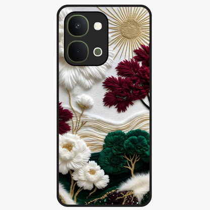 Radiant Bloom Elegance Glass Case showing flat back view with elegant blooming flower artwork and glossy glass finish.