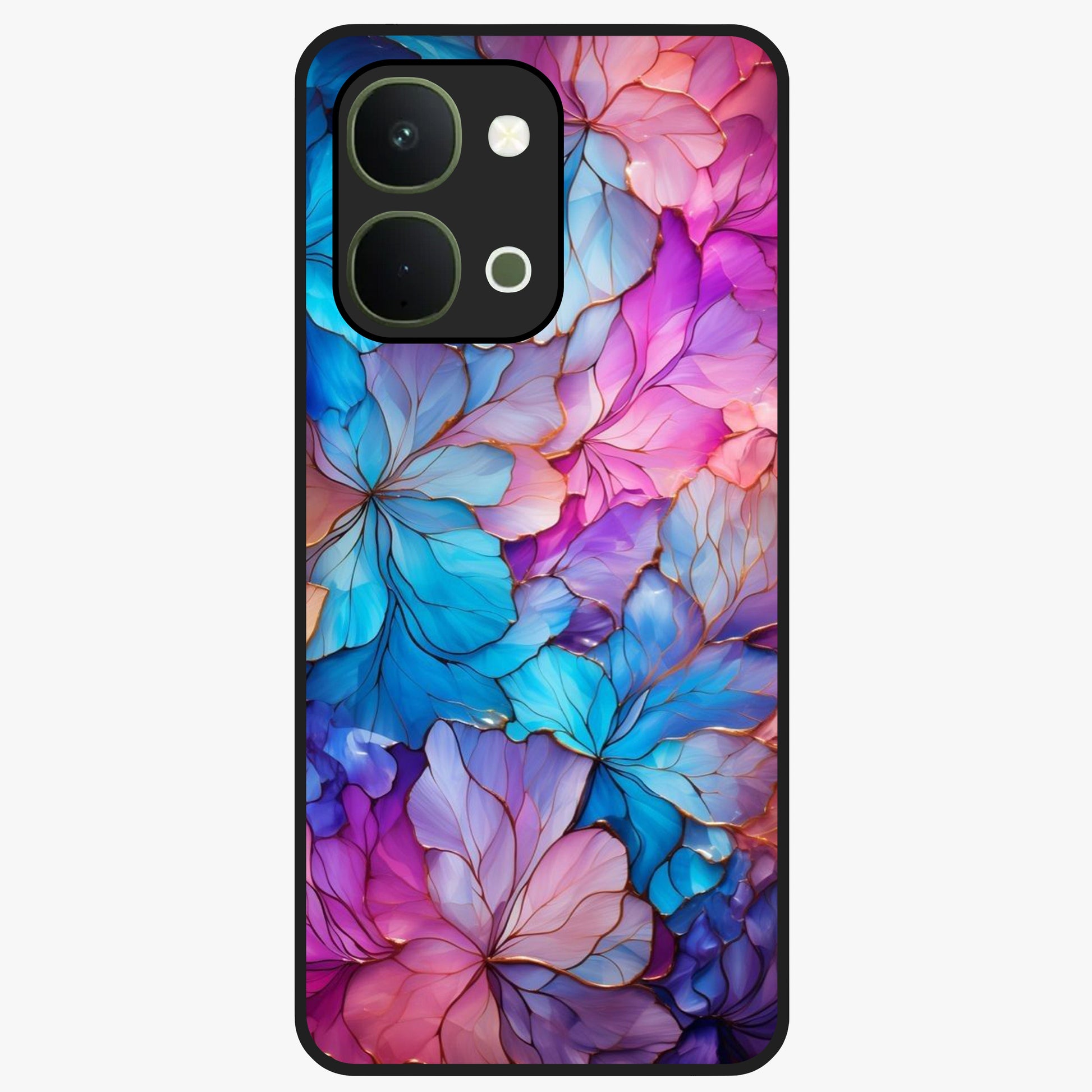 Radiant Floral Whirl Glass Case showing flat back view with swirling floral artwork and glossy glass finish.