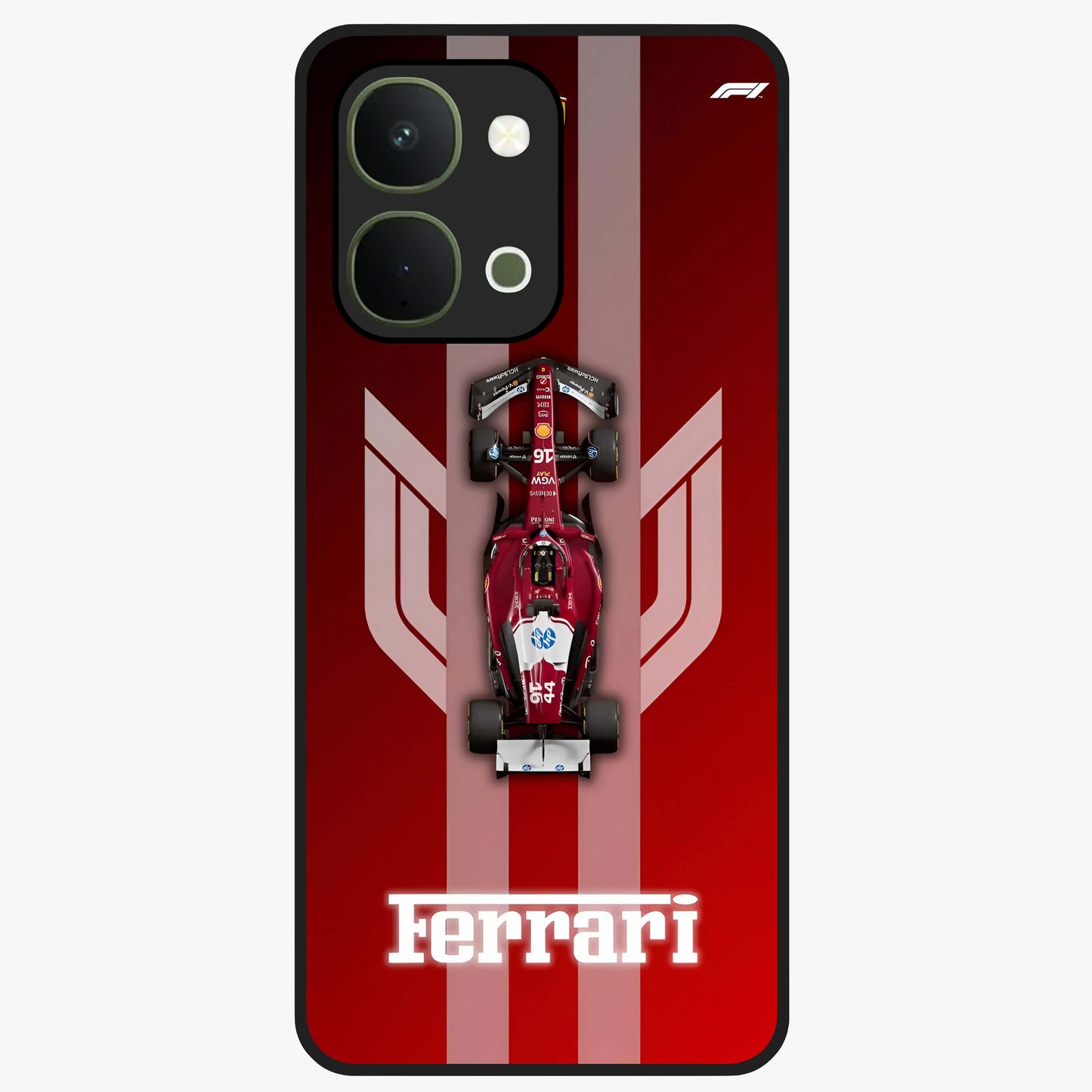 Red Ferrari F1 Vertical Glass Case showing flat back view with sleek Formula racing car artwork and glossy glass finish.