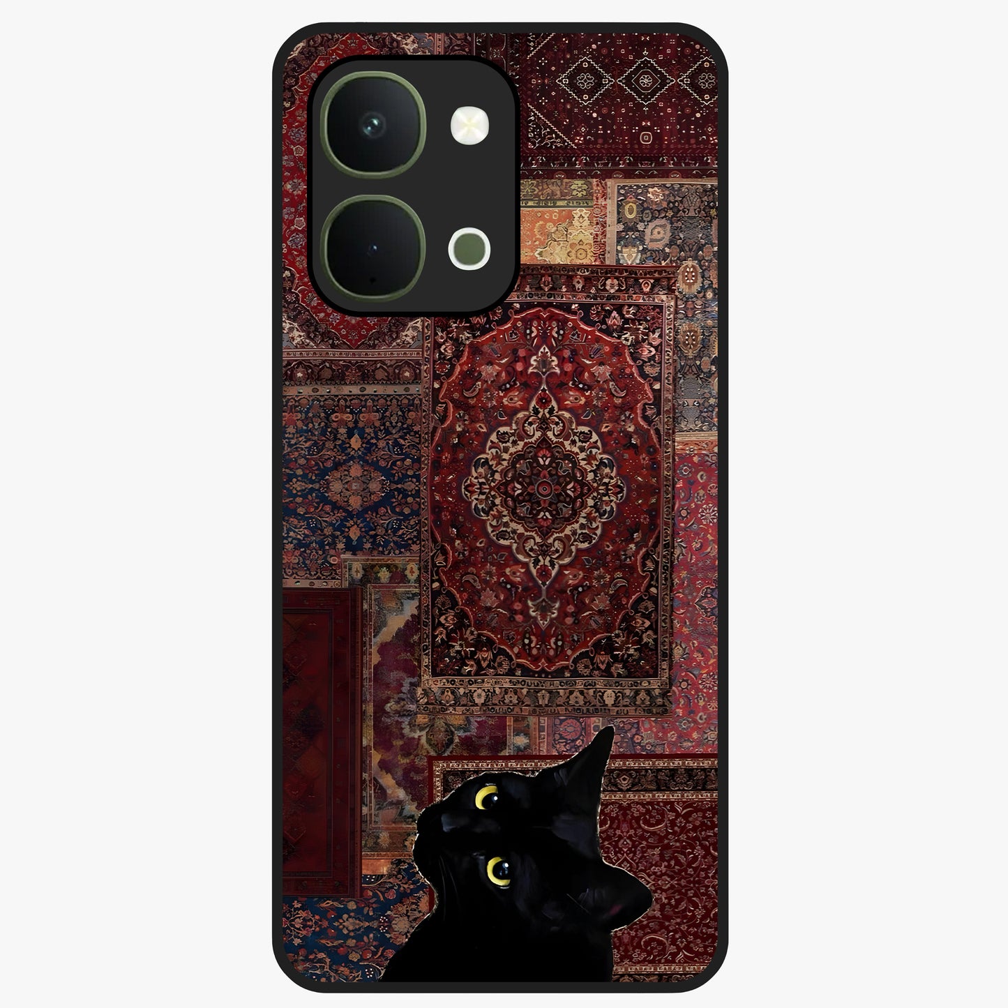 Regal Magic Cat Apple Glass Case showing flat back view with magical cat artwork holding apple and glossy glass finish.