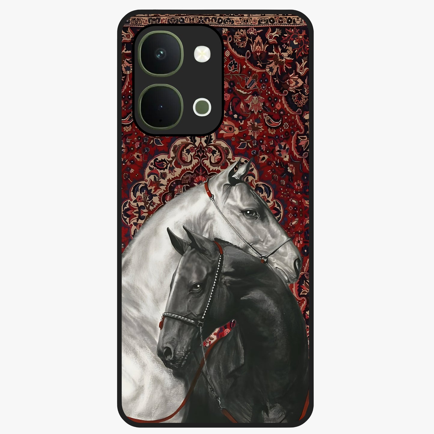 Regal Stallion Tapestry Glass Case showing flat back view with majestic horse tapestry artwork and glossy glass finish.