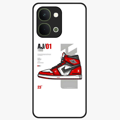Retro Sneaker Blueprint Glass Case showing flat back view with sneaker blueprint style artwork and glossy glass finish.