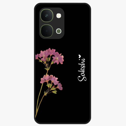 Riching Lavender Flower Custom Name Glass Case showing flat back view with lavender floral artwork and personalized name design.