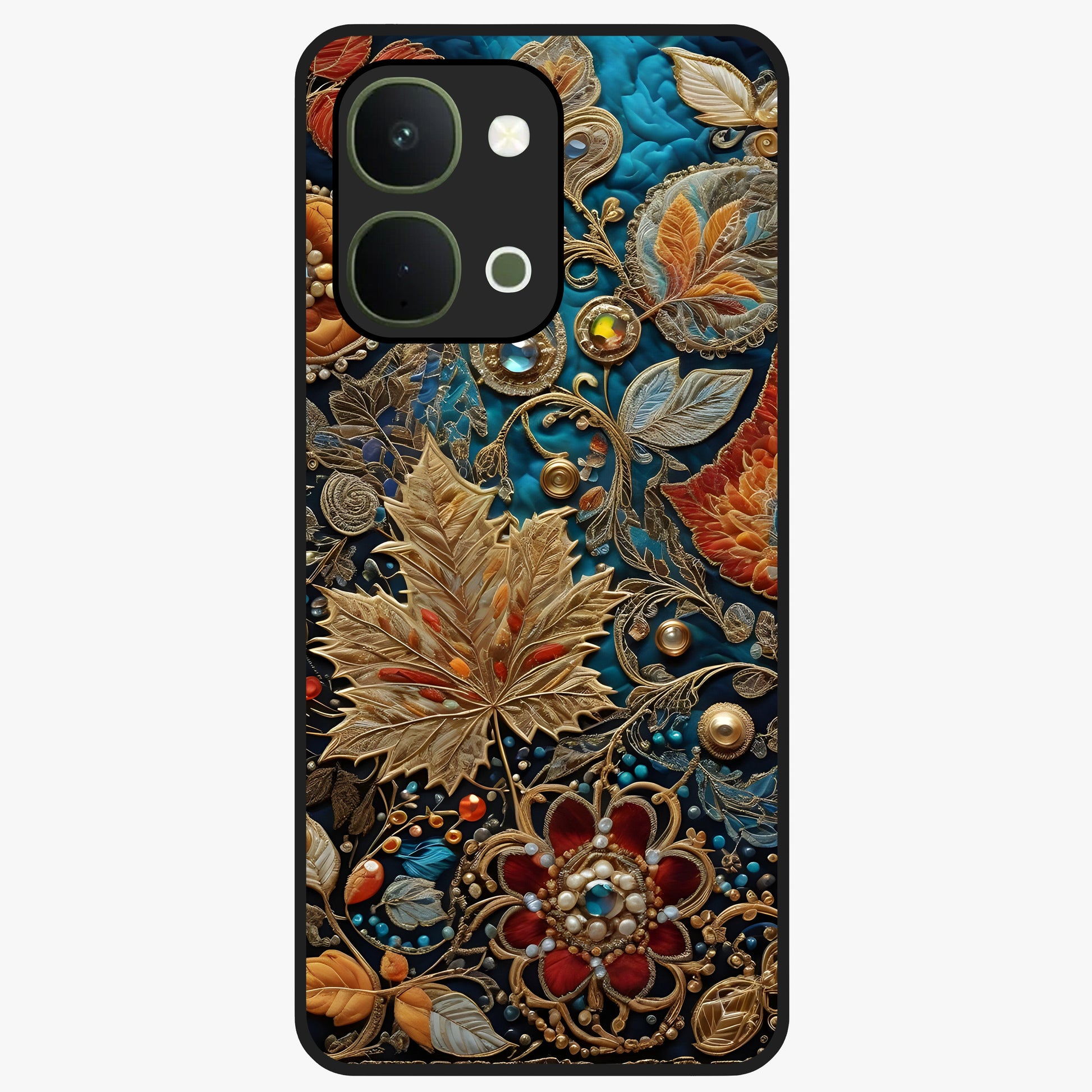 Royal Jewel Garden Glass Case showing flat back view with decorative floral garden artwork and glossy glass finish.
