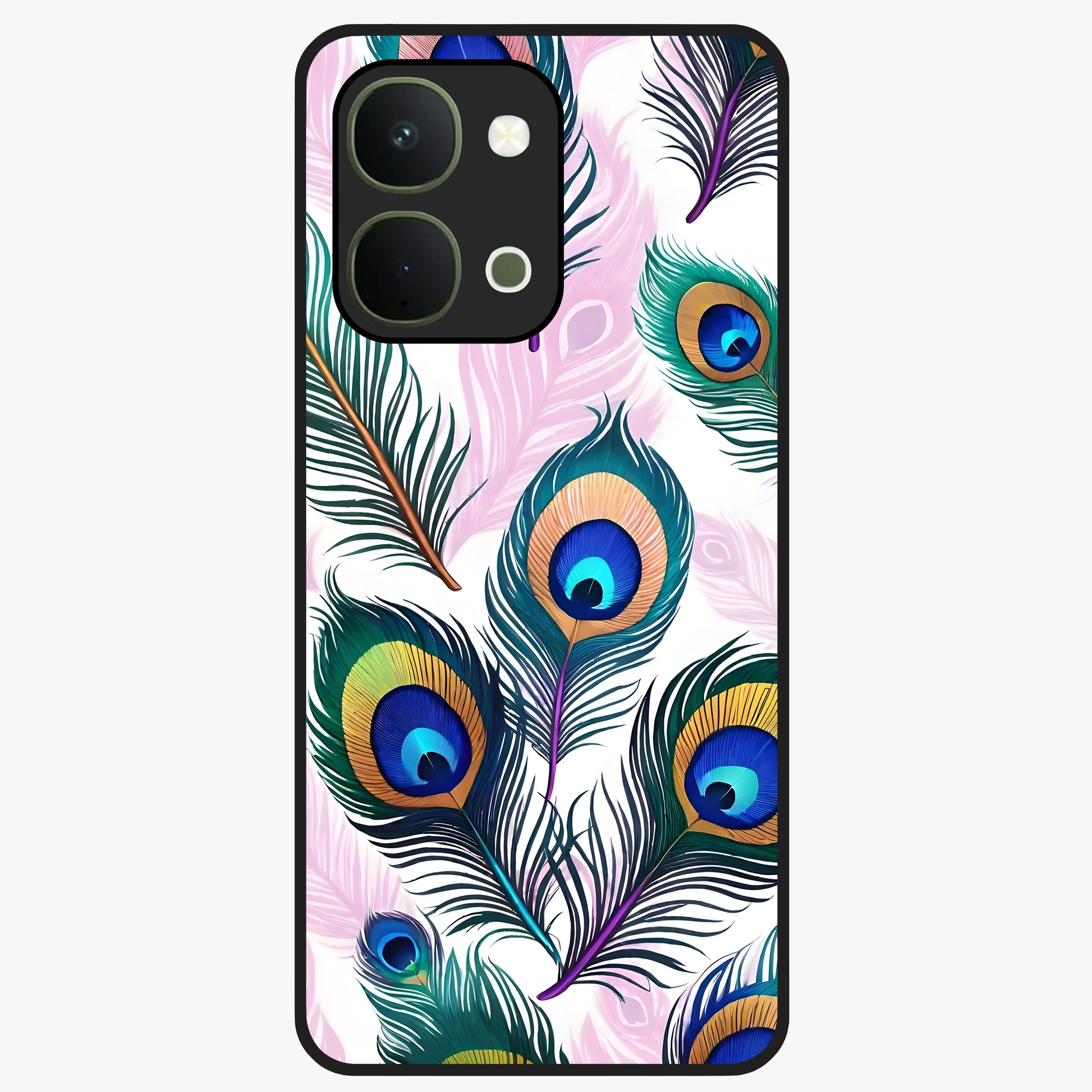 Royal Peacock Feathers Glass Case showing flat back view with colorful peacock feather artwork and glossy glass finish.