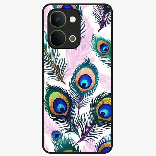 Royal Peacock Feathers Glass Case showing flat back view with colorful peacock feather artwork and glossy glass finish.