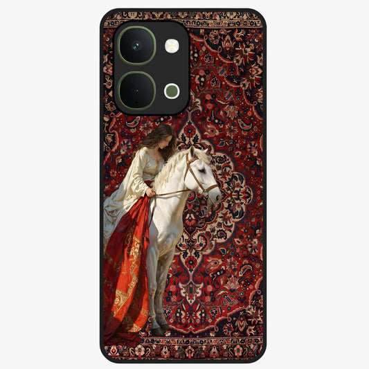 Royal Rider Tapestry Glass Case showing flat back view with majestic horse rider tapestry artwork and glossy glass finish.