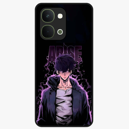 Shadow Monarch Awakening Glass Case showing flat back view with powerful dark monarch themed artwork and glossy glass finish.