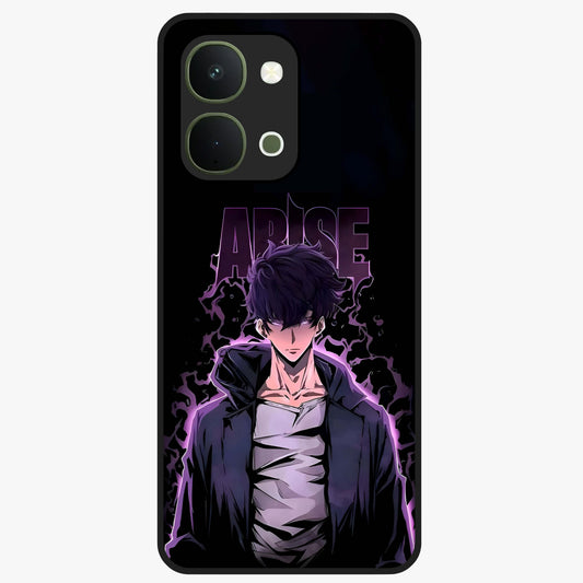 Shadow Monarch Awakening Glass Case showing flat back view with powerful dark monarch themed artwork and glossy glass finish.