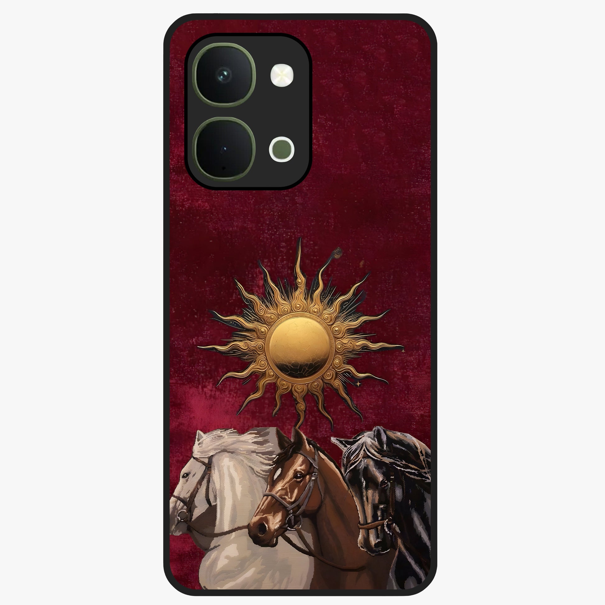 Solar Riders Glass Case showing flat back view with dynamic rider themed artwork and glossy glass finish.