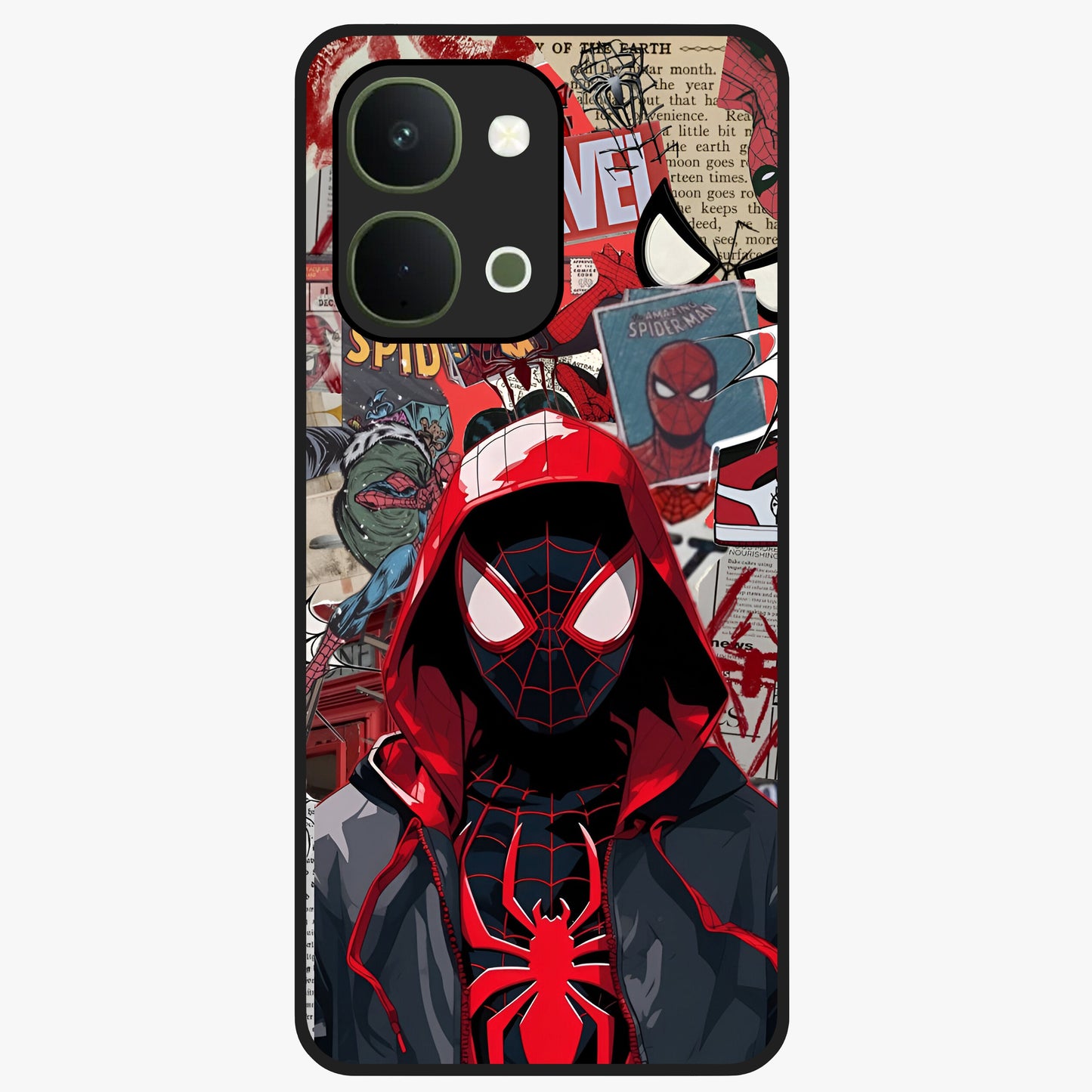 Spider Collage Street Glass Case showing flat back view with vibrant superhero collage artwork and glossy glass finish.