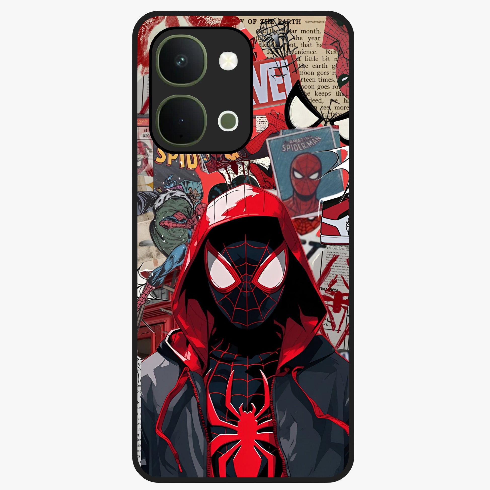 Spider Collage Street Glass Case showing flat back view with vibrant superhero collage artwork and glossy glass finish.