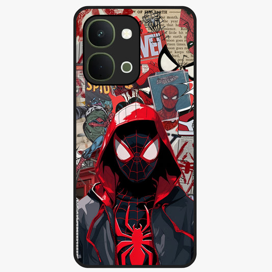 Spider Collage Street Glass Case showing flat back view with vibrant superhero collage artwork and glossy glass finish.