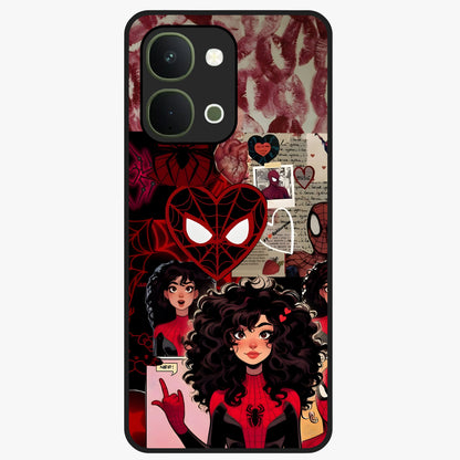 Spider Love Story Glass Case showing flat back view with romantic superhero themed artwork and glossy glass finish.