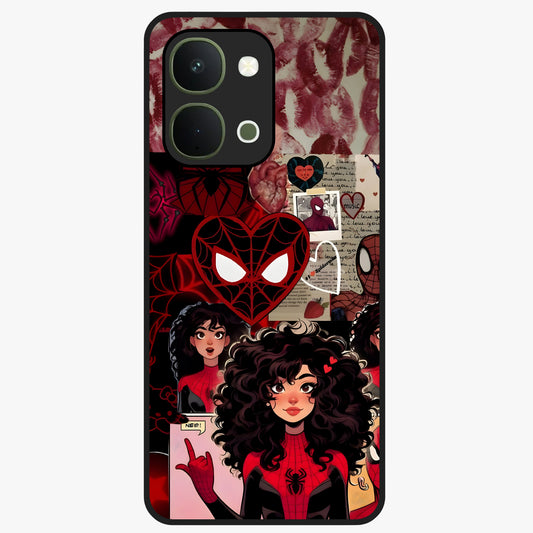 Spider Love Story Glass Case showing flat back view with romantic superhero themed artwork and glossy glass finish.
