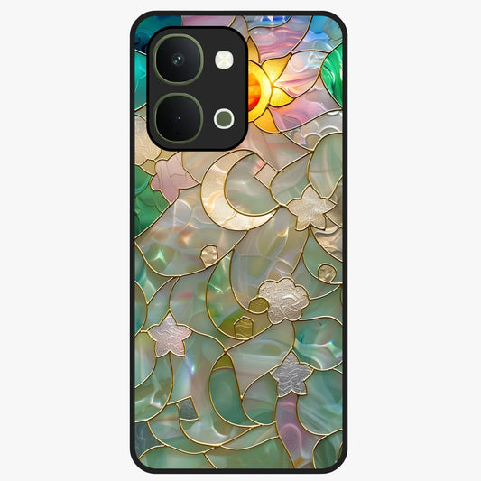 Stained Sunrise Glow Glass Case showing flat back view with glowing sunrise stained pattern artwork and glossy glass finish.